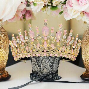 Pink and Gold Crystal Tiara Wedding Princess Gemstone Crown Adult women’s queen